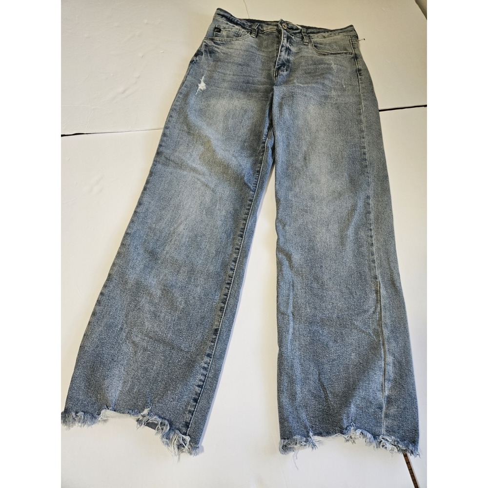 Kancan Womens High Rise Slim Wide Leg Size 7 Frayed Bottoms Mom Jeans